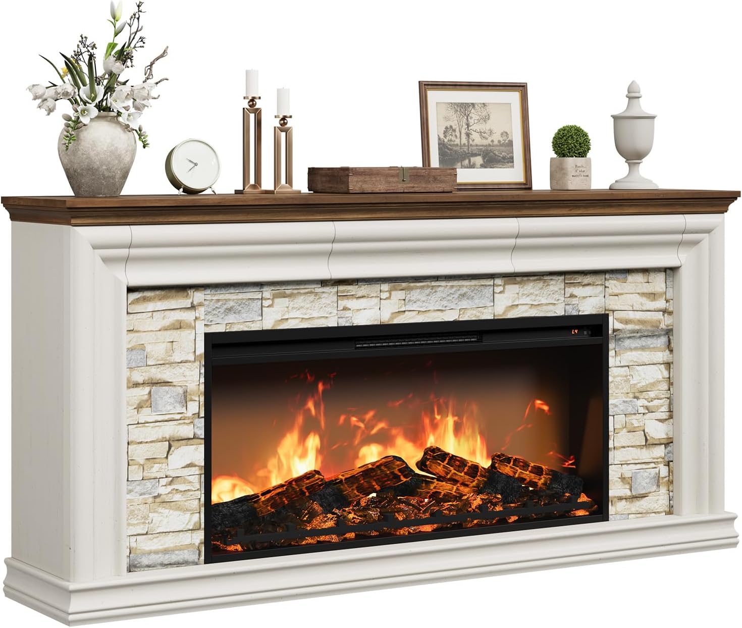 QUW 70 Fireplace TV Stand Up to 80 TVs, 42 Modern Electric Fireplace with Mantel, Farmhouse Entertainment Center with Concealed 3 Drawers for Living Room, Adjustable Brightness & Low Noise, White