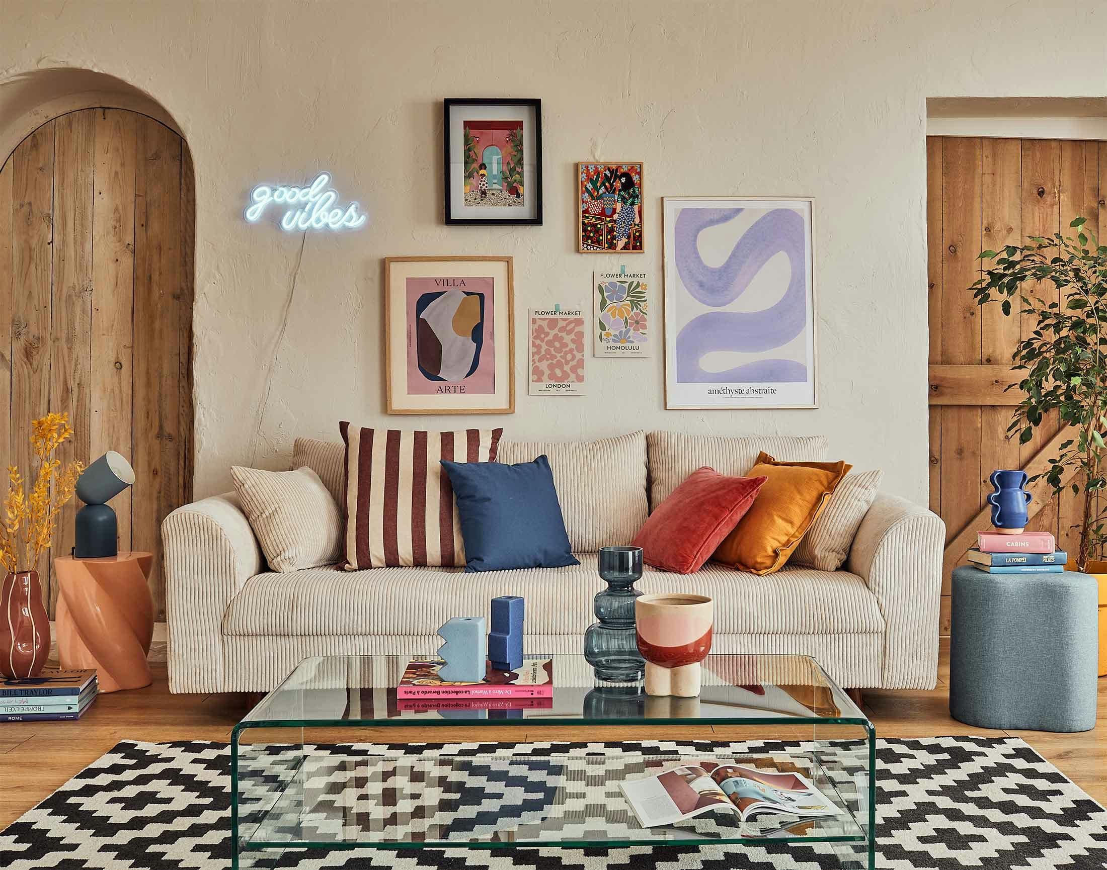 RUNE - Canapé droit 3 places en velours côtelé beige