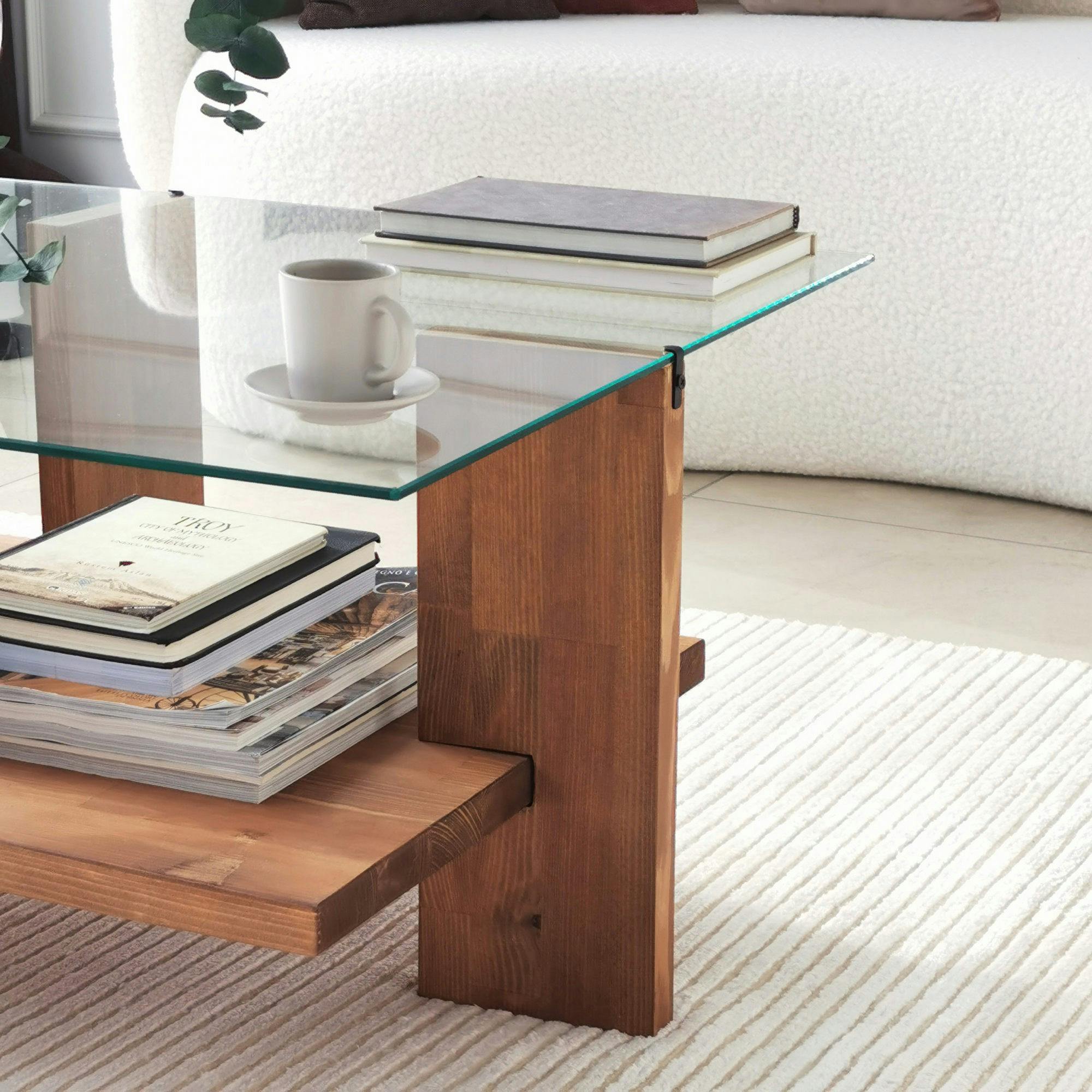 Table basse verre et bois brun - 2 plateaux LHASA