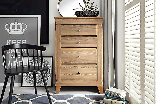 Commode chiffonier à 4 tiroirs fermeture soft-close coloris Mélèze doré - Longueur 72 x Profondeur 47 x Hauteur 116 cm