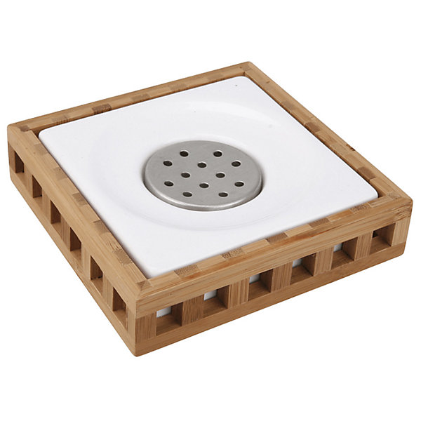 Optima Libra Porte-savon en céramique et bois de bambou au design carré, Blanc (LIB39)