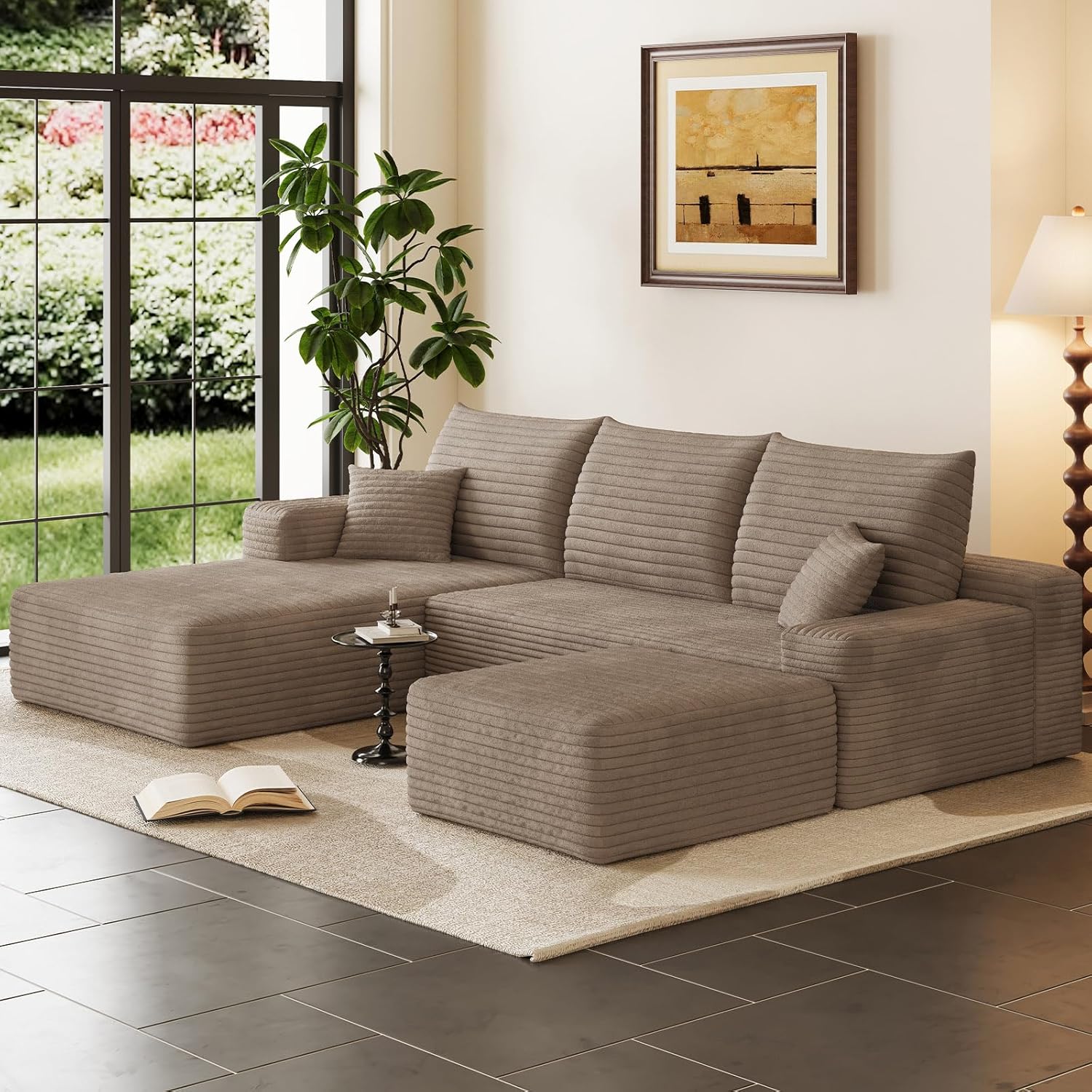 95 Cloud Sectional Couch with Ottoman,Modern U-Shaped Cloud Couch with Deep Seat,Comfy Corduroy 3-Seater Sofa,Memory Foam Sofa for Living Room,No Assembly (Camel,Left-Facing Chaise)