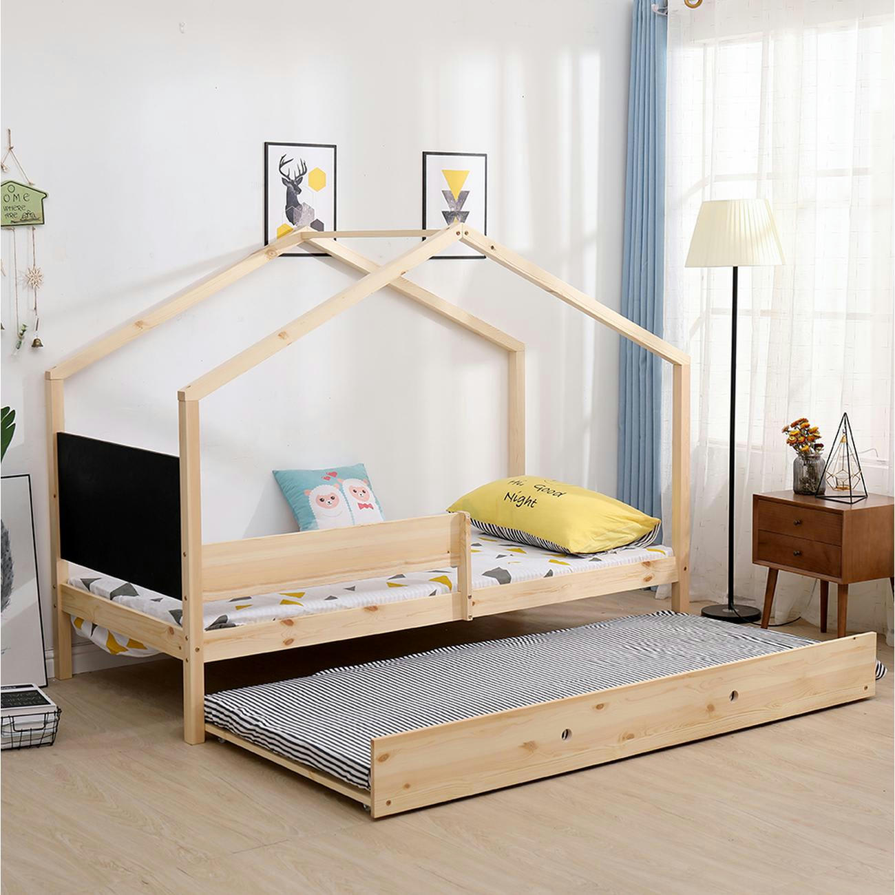 WOODY - Lit enfant gigogne pin naturel beige sommier 190x90cm