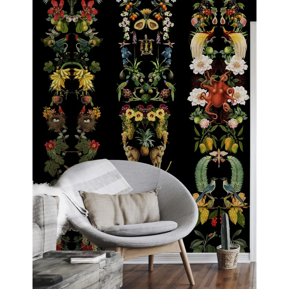 Walls4You fotobehang tropische bladeren en bloemen zwart en meerkleurig