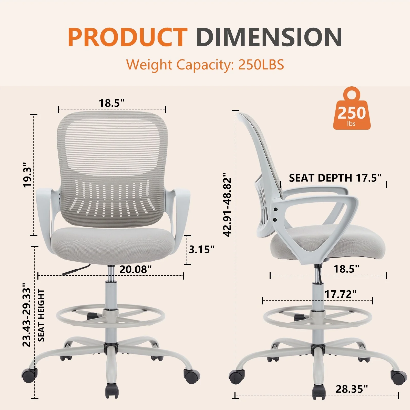 Ergonomic Office Chair with Lumbar Support - Adjustable Swivel Task Chair - 24.2x23.6x48.8