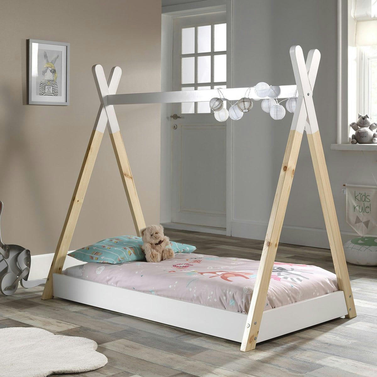 FLITT - Lit  au sol junior 70x140cm blanc et pin forme tipi