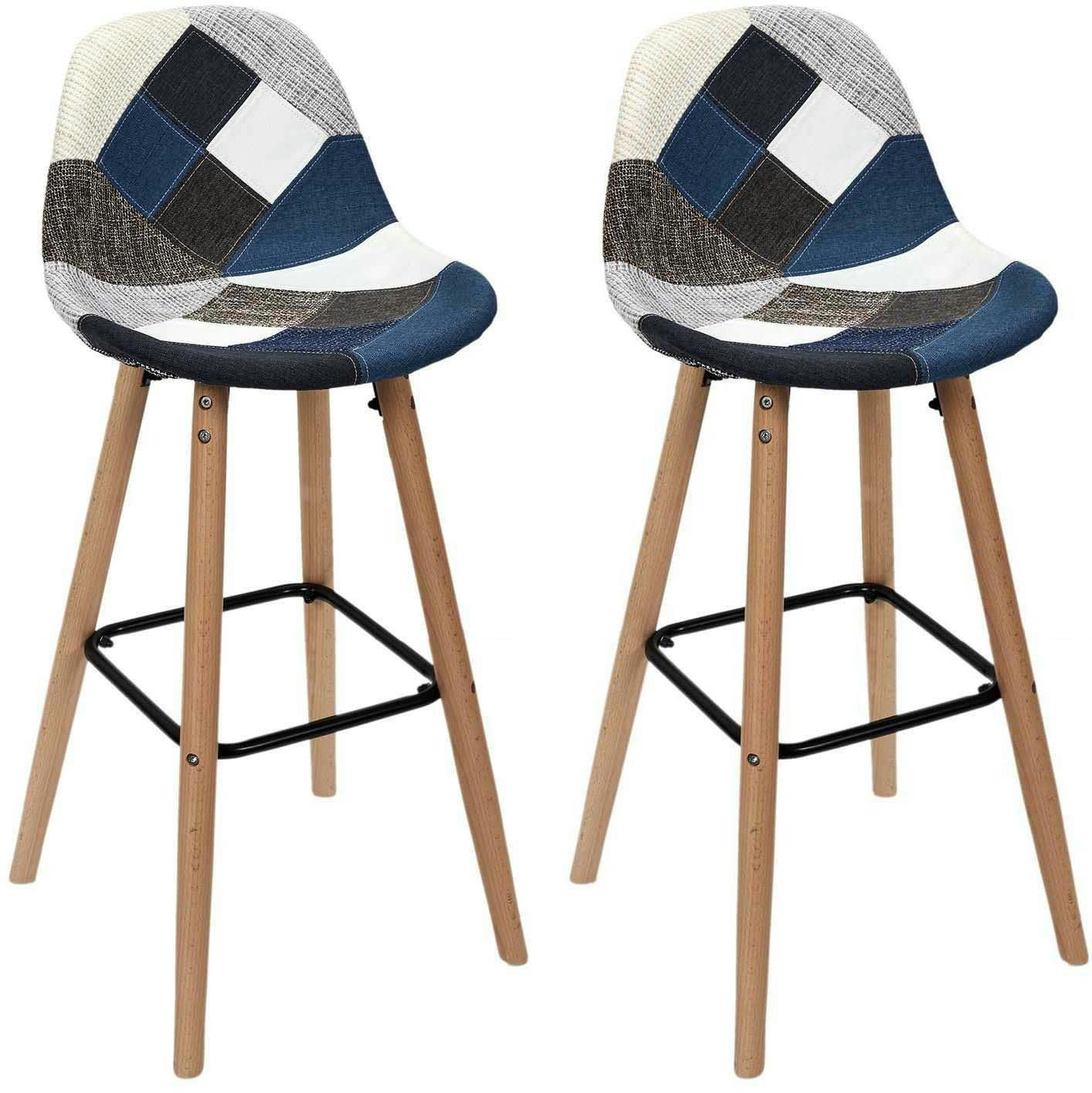 - Set de 2 tabourets de bar patchwork bleu gris