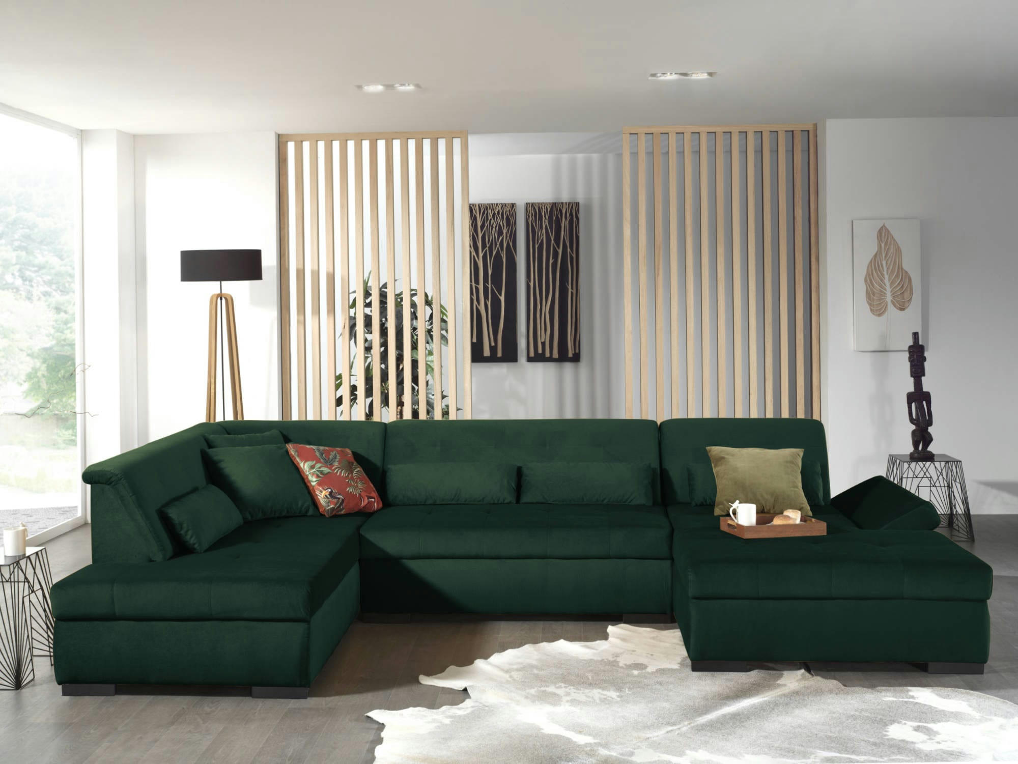 VERMONT - Canapé panoramique 7 places angle gauche en velours vert