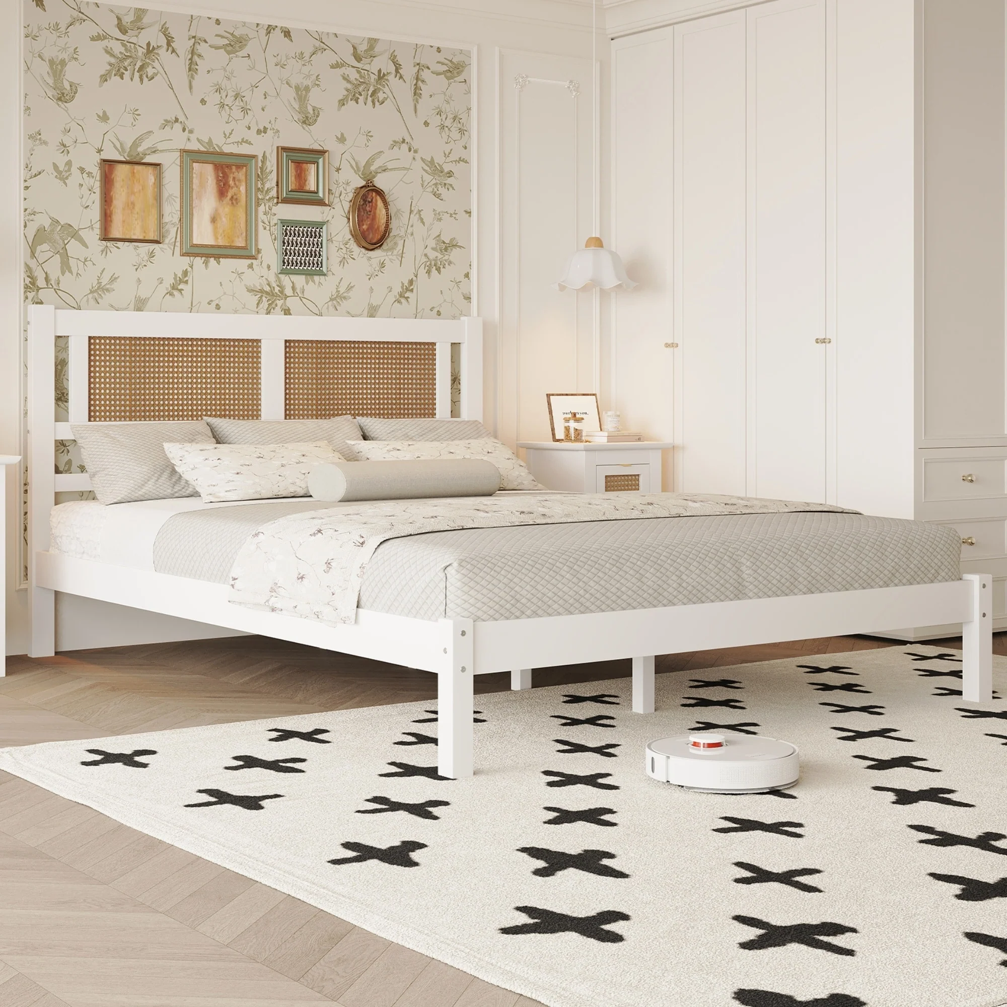 Full Size Platform Bed with Natural Rattan Headboard, Minimalist Design