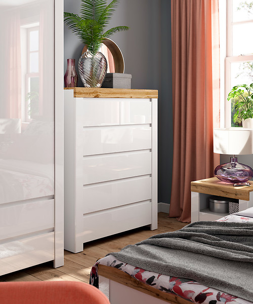 Komoda Holten 99 cm z 6 szufladami biały/dąb wotan/biały połysk