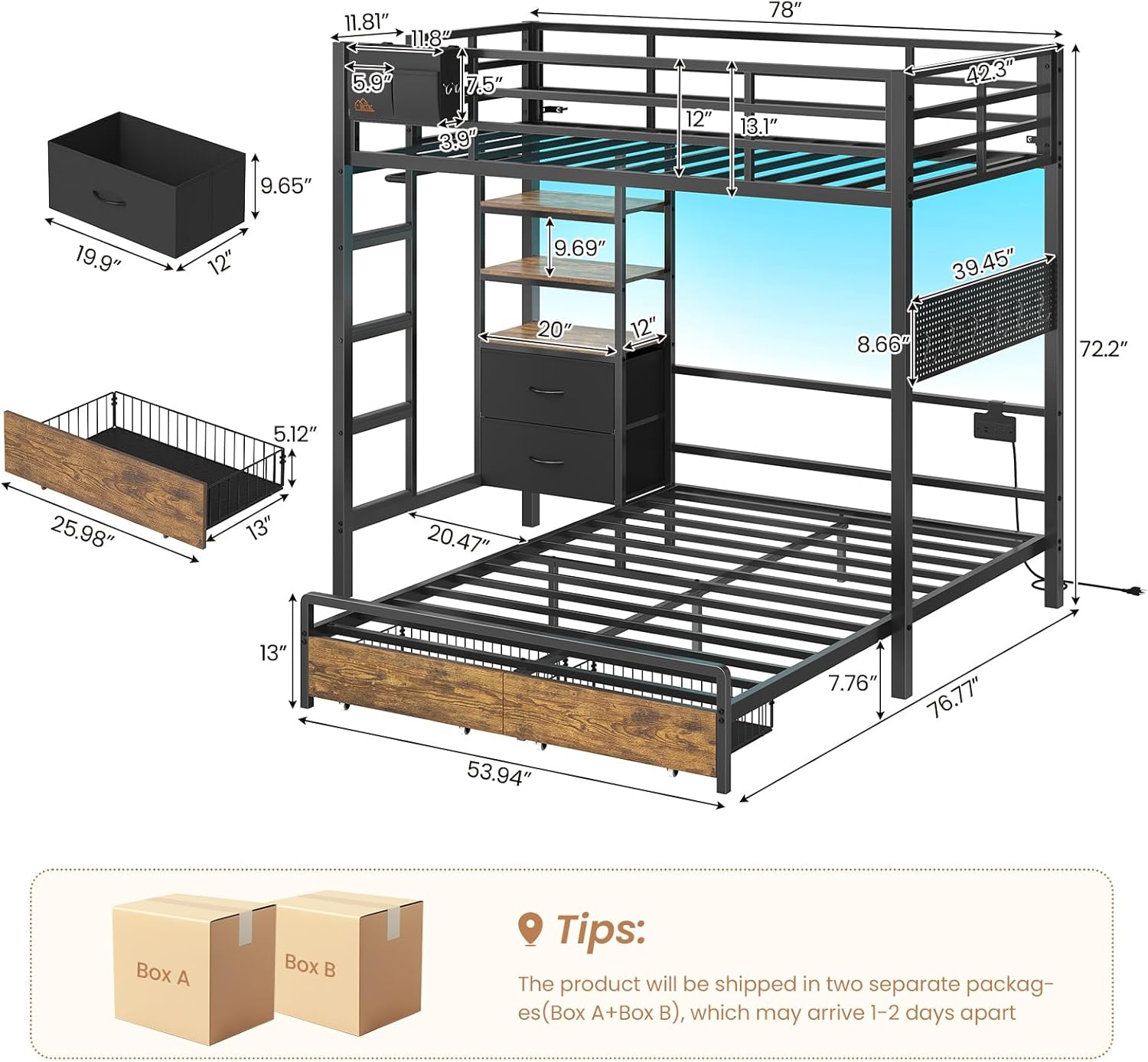 DICTAC Twin Over Full Bunk Bed with 4 Storage Drawers and 3-Tier Open Bookshelf Metal Bunk Bed with LED Lights,Charging Station and Pegboard,L-Shaped bunk Beds with Safety Guardrail and Ladder,Black