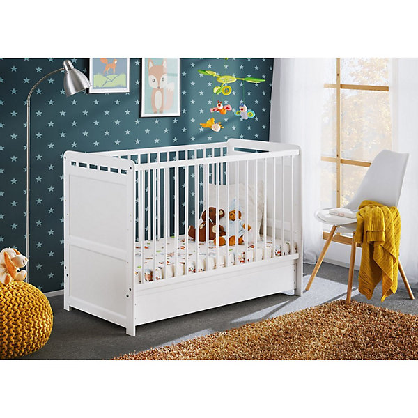 Lit bébé évolutif - GUIZMO - Coloris blanc mat - Lit réglable en hauteur avec tiroir et matelas.