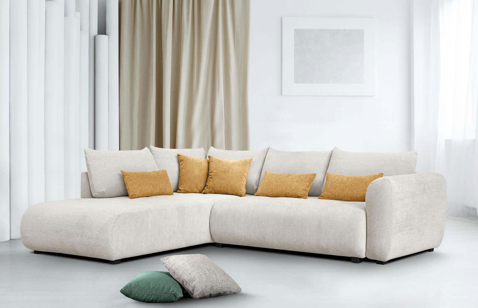 SORENO - Canapé d'angle gauche 5 places écru avec le couchage