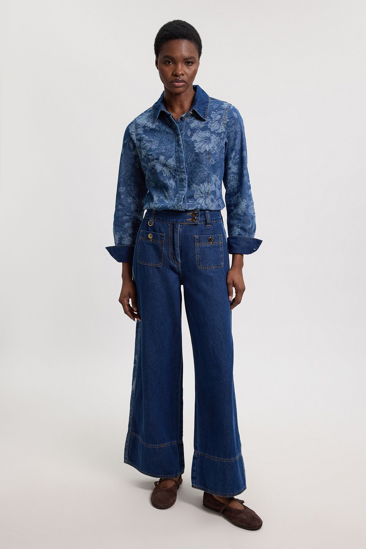 KarenMillen Jacquard Denim Contrast Collar and Cuff Shirt