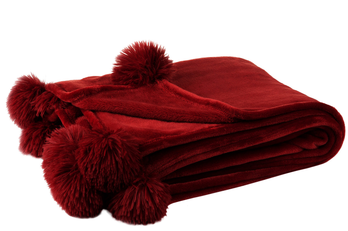J-Line plaid Pompom - polyester - rood - 170 x 130 cm