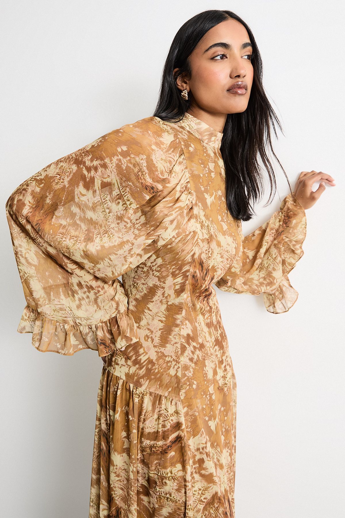 Warehouse Romantic Chiffon Fluted Sleeve Midaxi Dress
