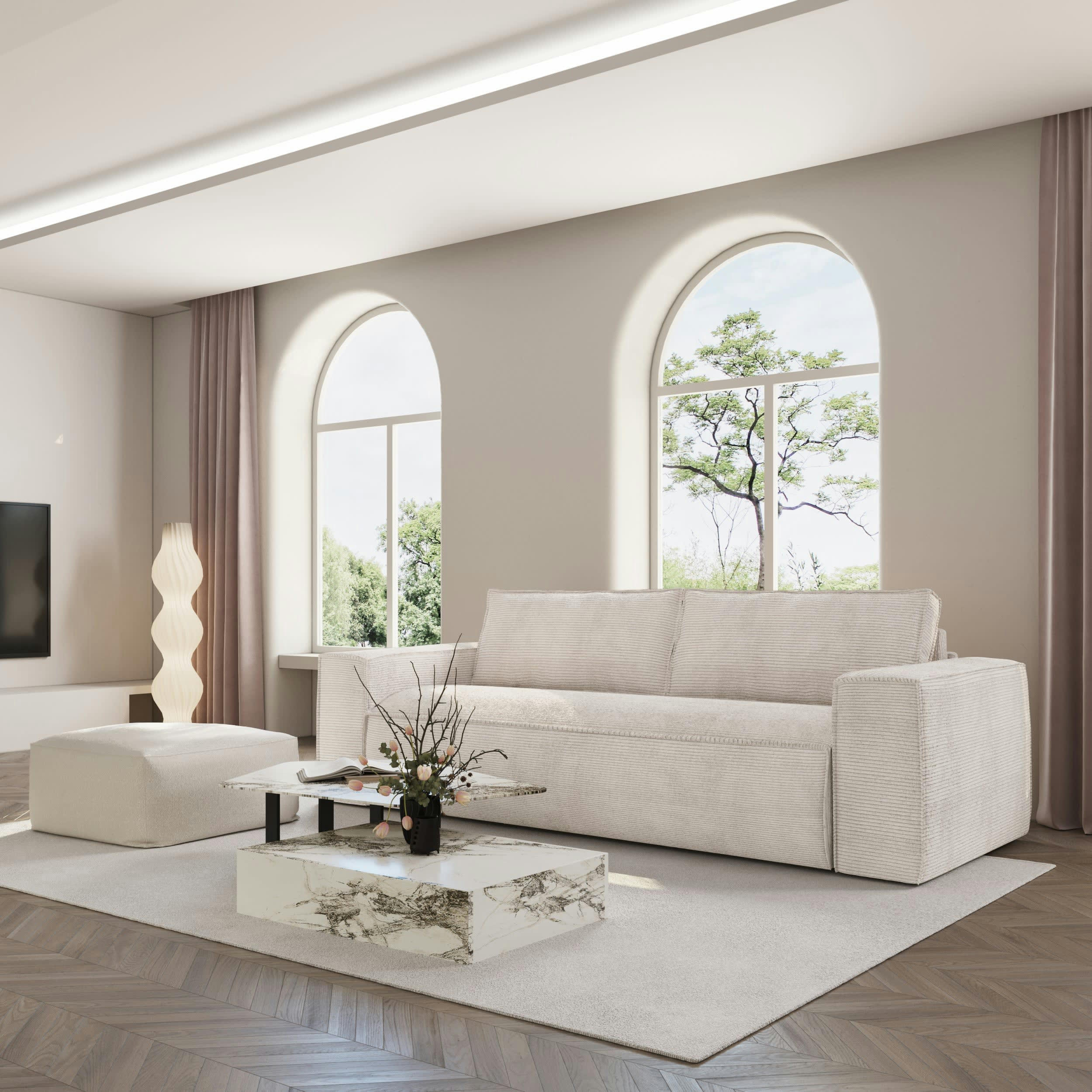 JOAN - Canapé convertible express dunlopillo velours côtelé crème 160cm