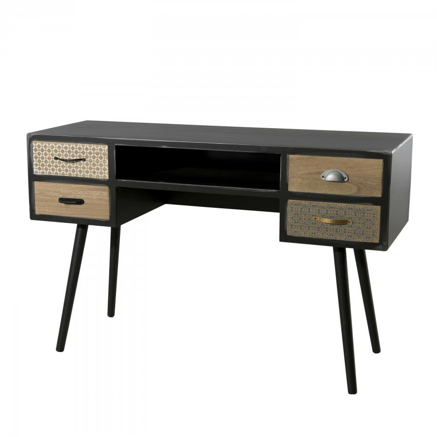 ROMAIN - Bureau noir 4 tiroirs motifs pin marron
