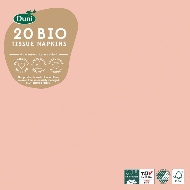 Serviette en tissu Bio 3 plis rose doux 33 x 33 cm 20 pièces DUNI