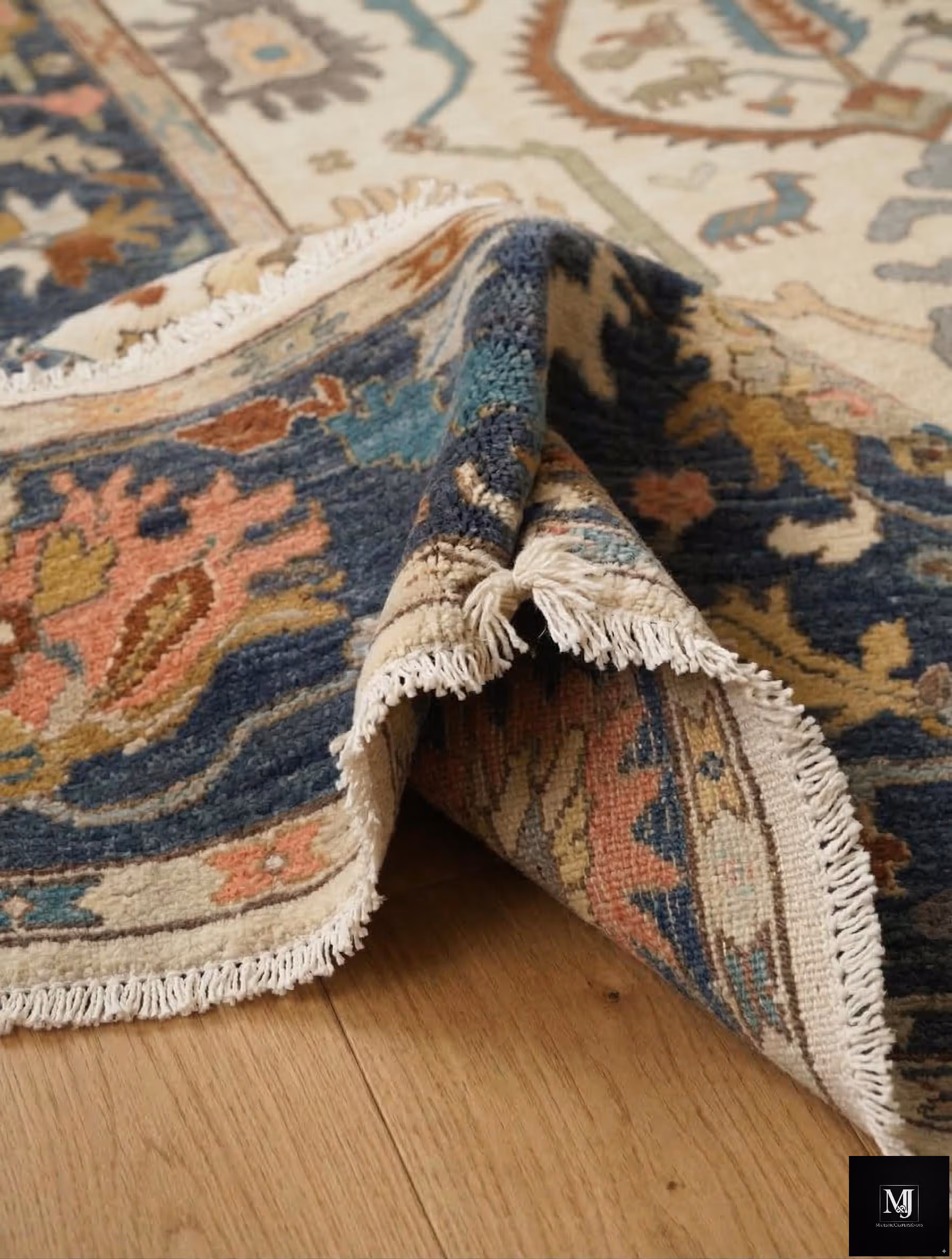 Vintage Oushak Wool Rug | Hand Knotted Ivory Turkish Floral Medallion Carpet