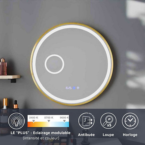 Miroir lumineux rond contour doré ORANA 60 cm - antibuée, horloge et loupe