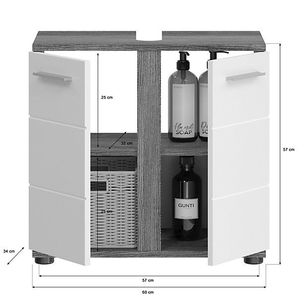 Kaleb - Set de 2 meubles de salle de bain mélaminé blanc et argenté avec éclairage, vasque non incluse (L/H/P : 64x191x34 cm)