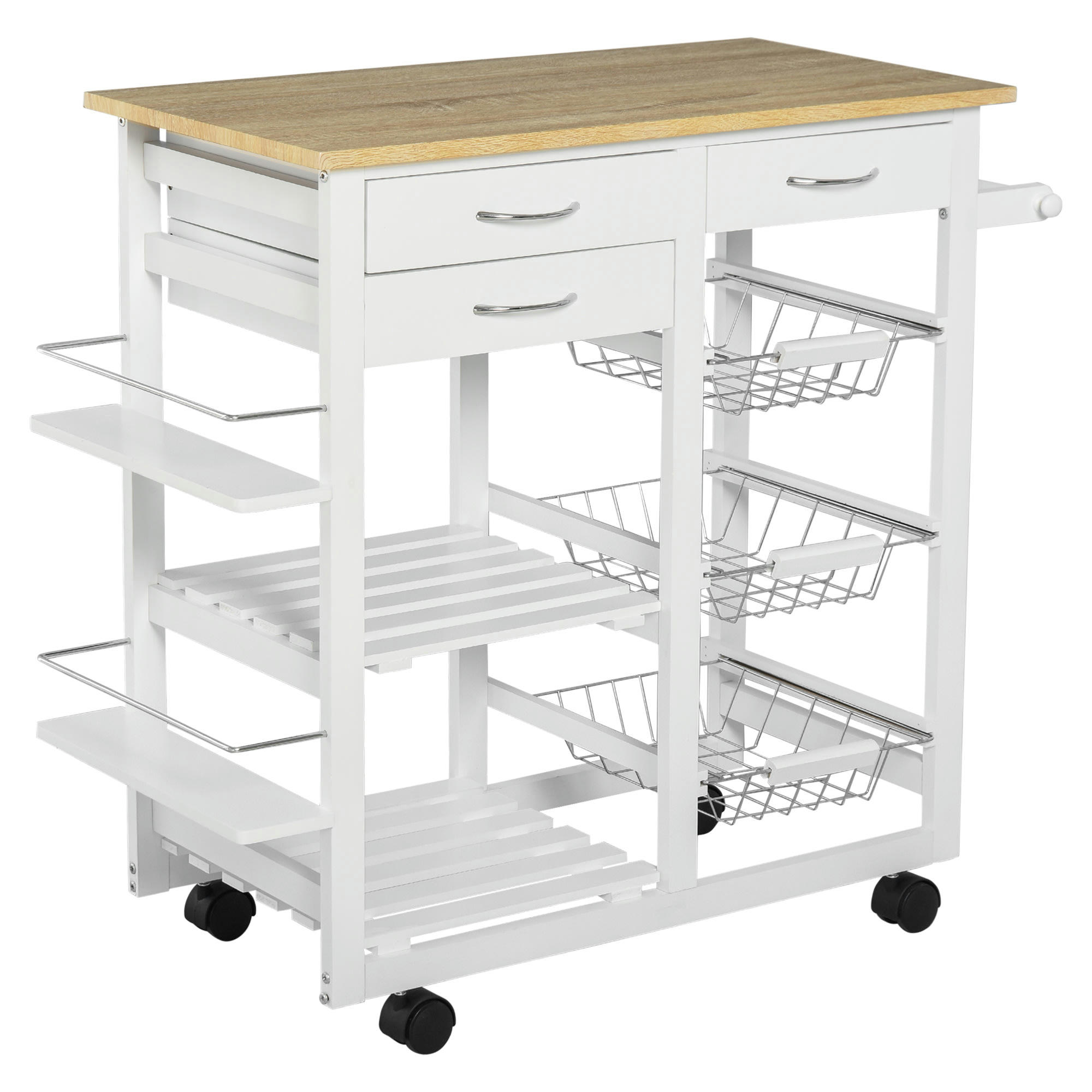 - Desserte chariot cuisine multi-rangements aspect chêne clair pin blanc