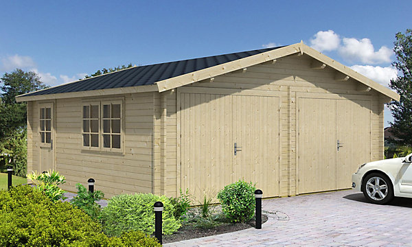 Garage double modèle D-44 ISO Alpholz, 6x57m dim ext (cas échéant incl débord de toit) naturel, épaisseur paroi : 44mm, 33,6m² tot