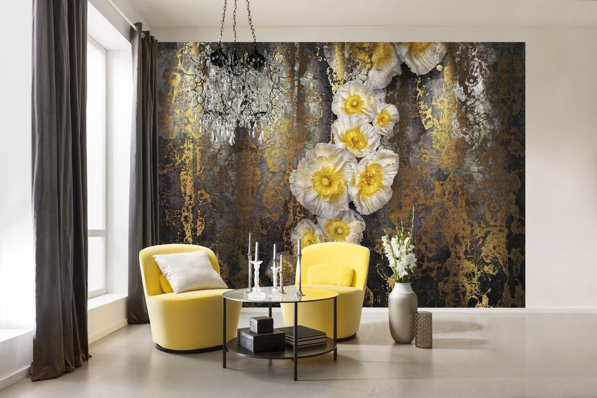 Komar fotobehang bloemen grijs, geel en goud - 368 x 254 cm - 611039