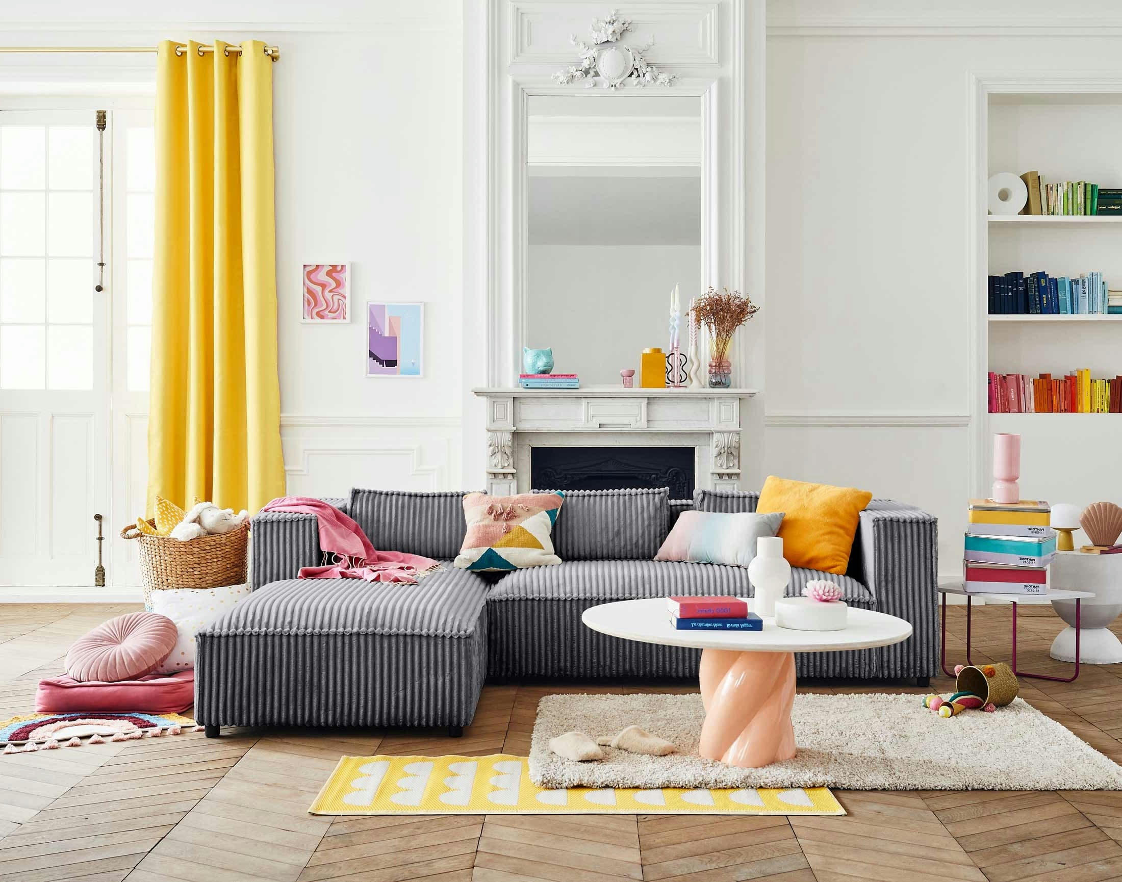 STELLA - Canapé d'angle gauche 4 places en velours grosses côtes gris