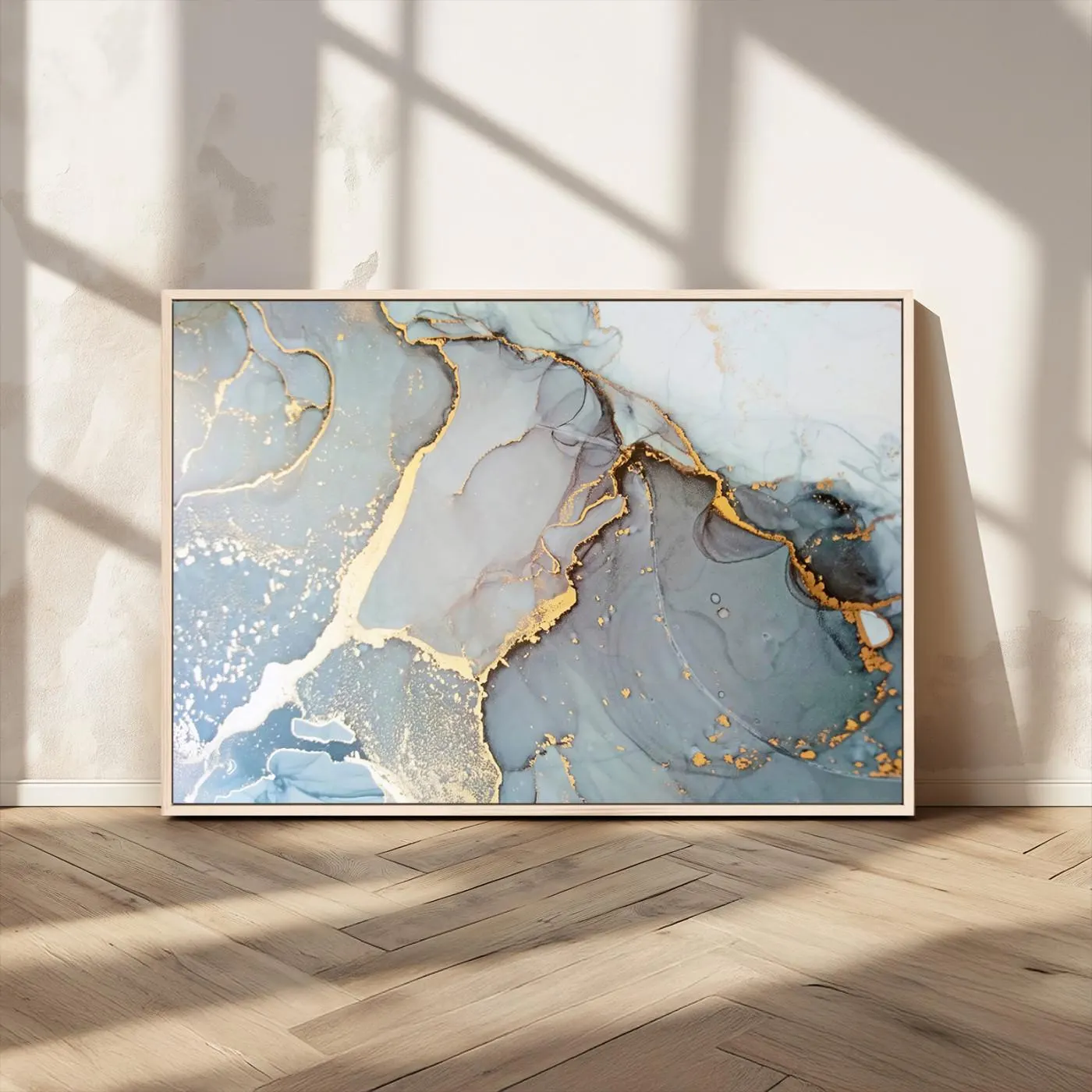 Luxury Office Wall Decor, Gold Marble Canvas Print, Modern Blue Abstract Wall Art, Ready to Hang