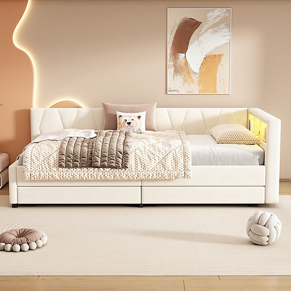 Canapé-lit 90x200 cm avec LED d'ambiance, ports USB/Type-C et 2 tiroirs, lin beige