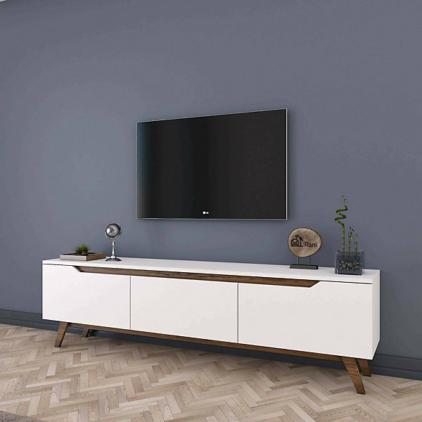 Meuble TV Cor, Buffet de salon, Armoire basse pour TV, Base murale de rangement, 180x35h49 cm, Blanc et Noyer