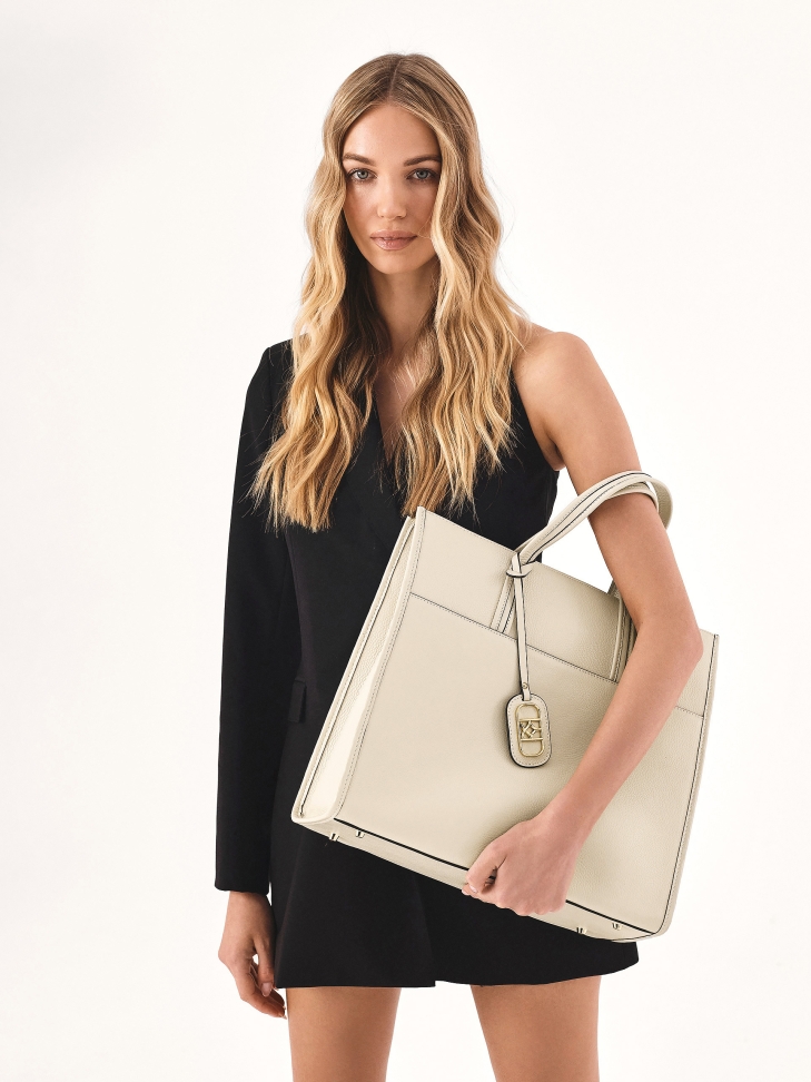 Beige leather handbag with two handles