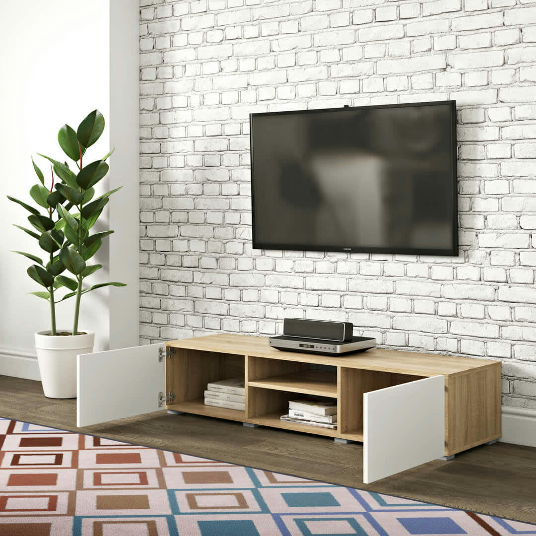 PODIUM - Meuble TV effet bois chêne naturel et blanc