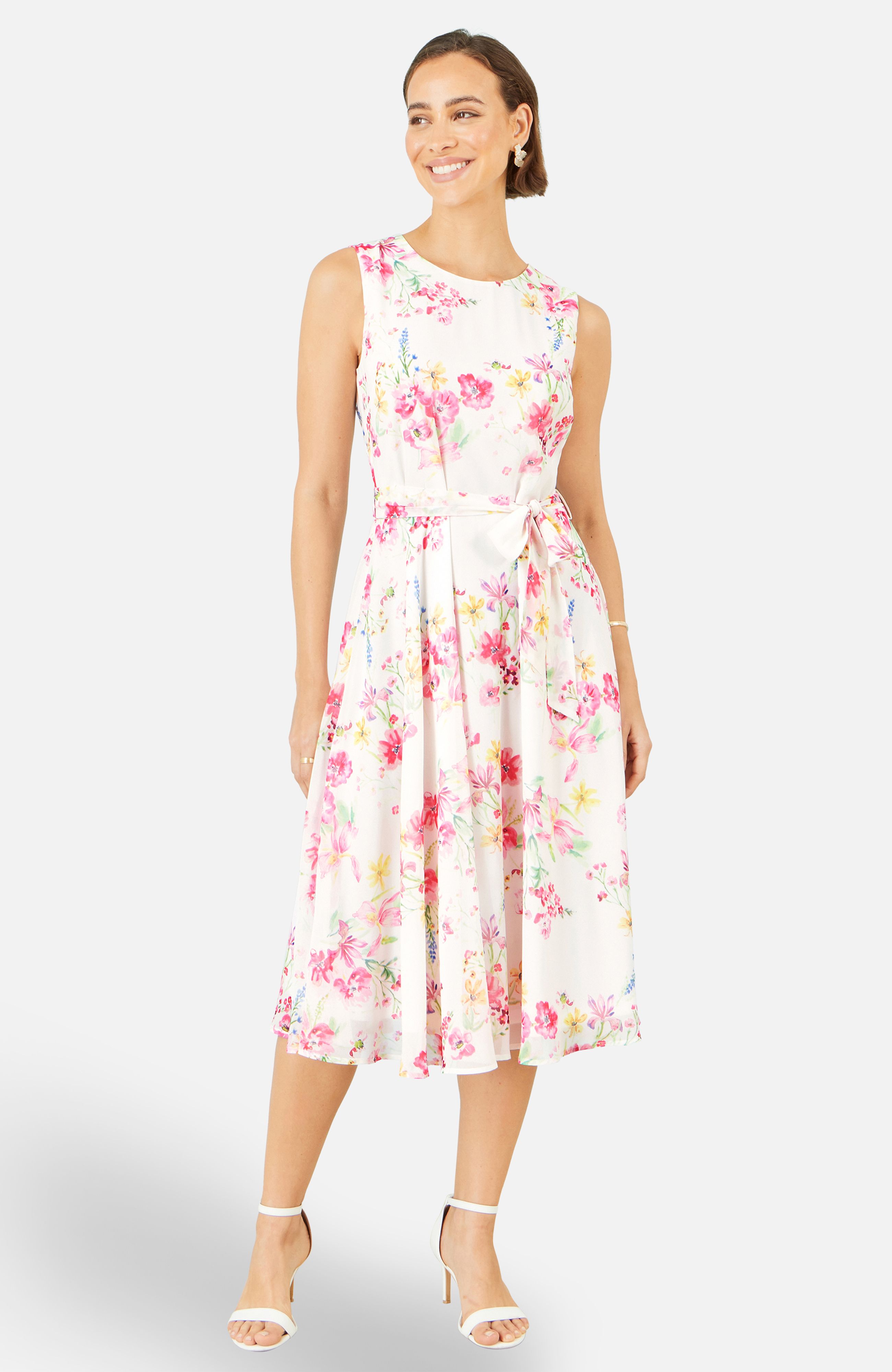 Yumi White Delicate Floral Midi Skater Dress