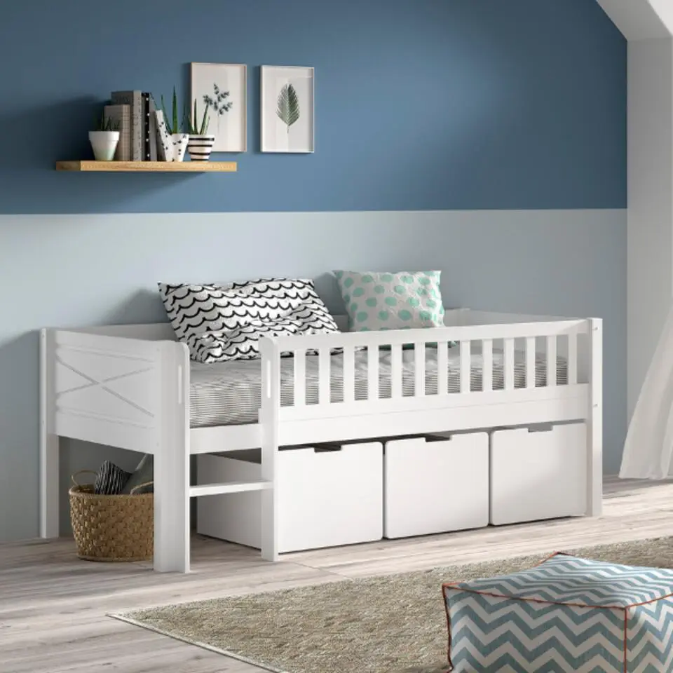 Halfhoogslaper Scottie 90x200cm - met opberglades - wit dennenhout