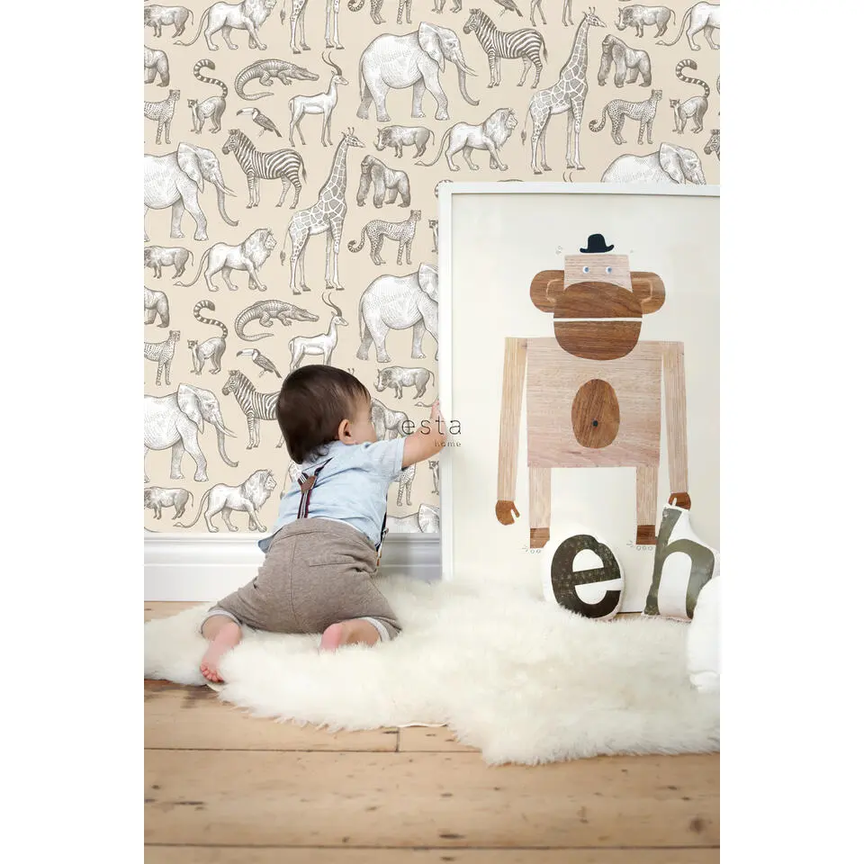 ESTAhome behang jungle dieren beige - 53 cm x 10.05 m