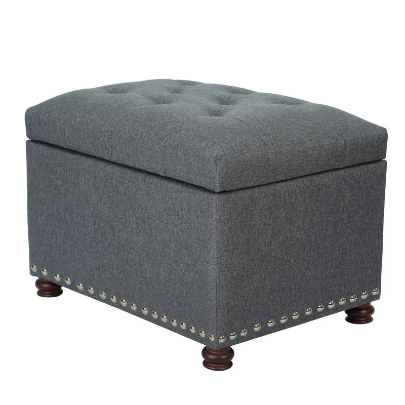 Adeco Norsup Grey Blended Linen Storage Ottoman Footstool