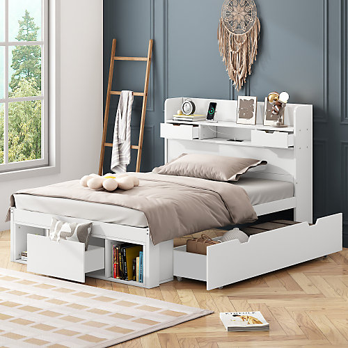 Lit adulte en MDF 90x200 cm - Avec port de recharge et rangements multifonctionnels - Blanc (matelas non inclus)