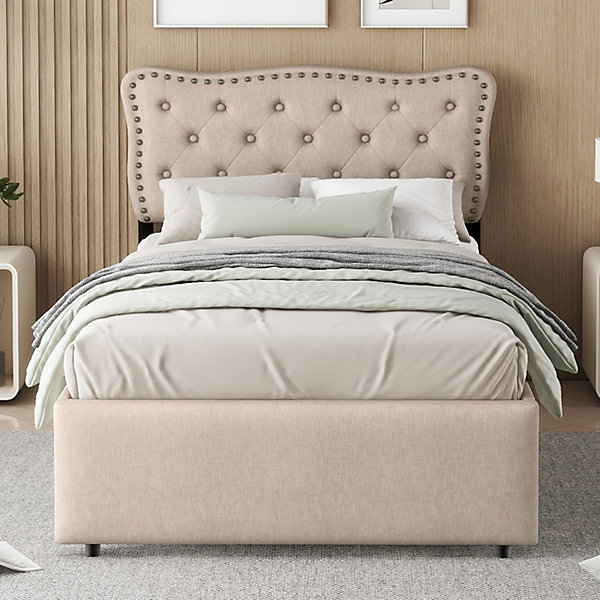 Lit double 90x200 cm beige foncé capitonné avec tête cloutée et 2 tiroirs, Confort et rangement pour chambre adulte