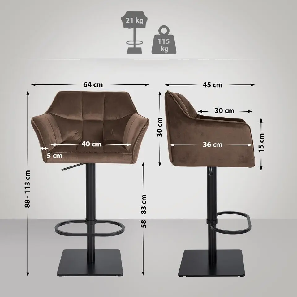 CLP Barkruk Damaso zwart Frame - Fluweel - bruin