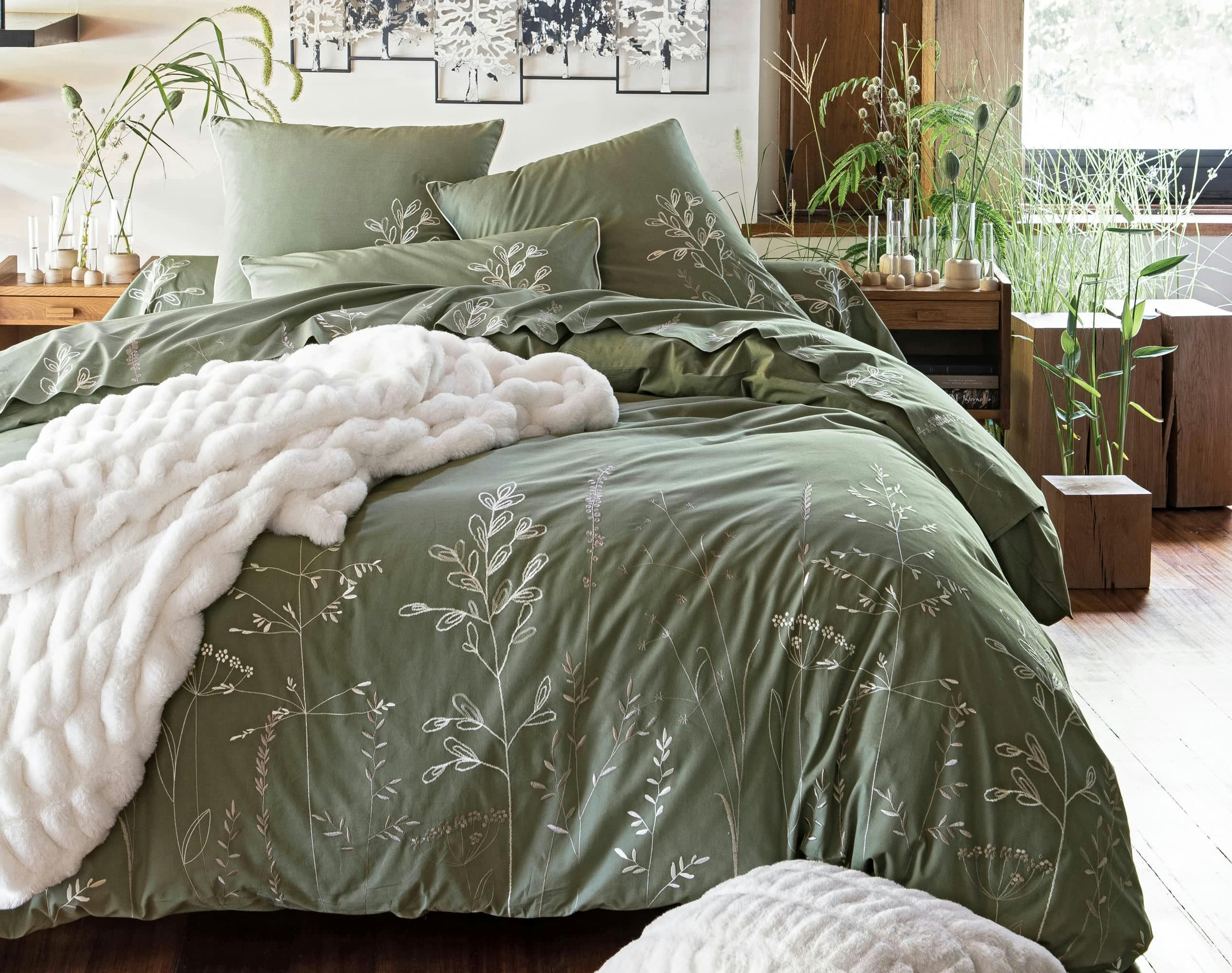 JULIE - Housse de couette 260x240 en percale de coton  vert kaki