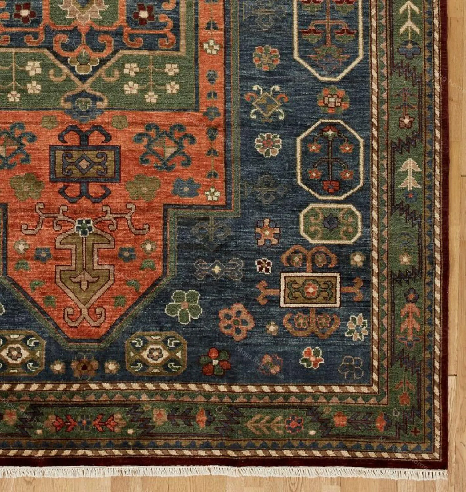 Sumaru Hand Knotted Trible Wool Rug | Rust , Navy & Green Geometric Custom 8x10 9x12 | Traditional Carpet for Living Room Bedroom