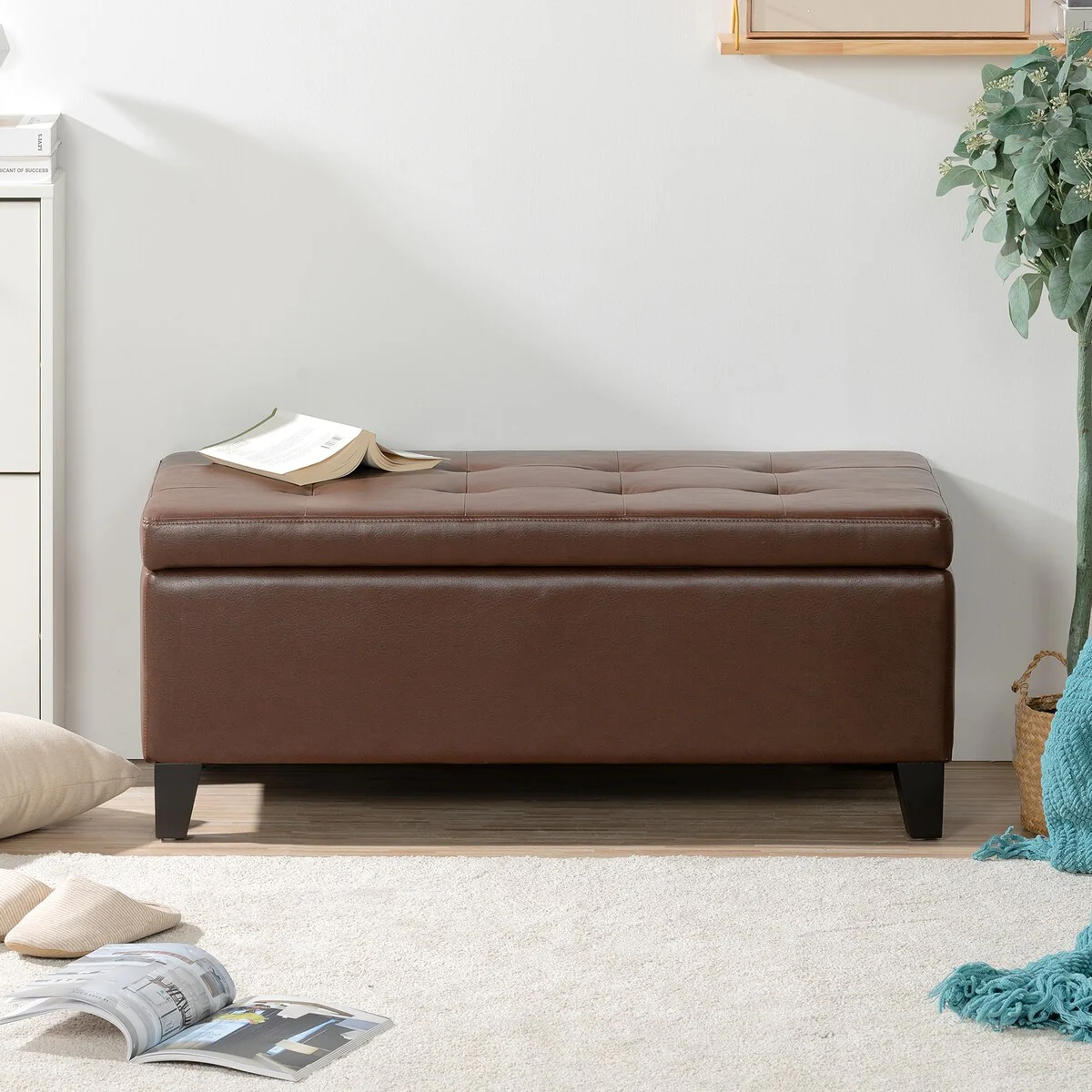 Storage Ottoman with Wooden Legs, Faux Leather Ottoman with Storage for Living Room, Bedroom & Hallway