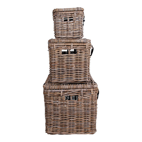 Coffre de rangement en rotin kubu avec poignées en cuir - Set de 3, couleur gris élégant
