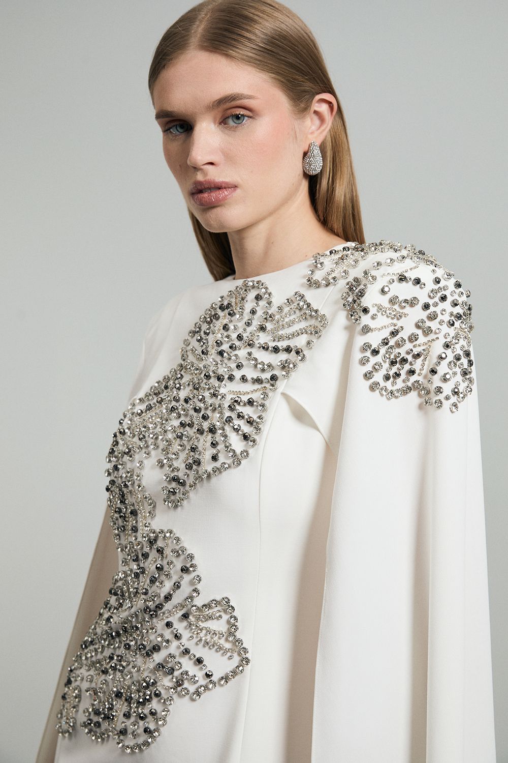 KarenMillen Petite Placed Floral Crystal Embellished Tailored Drama Cape Maxi Dress