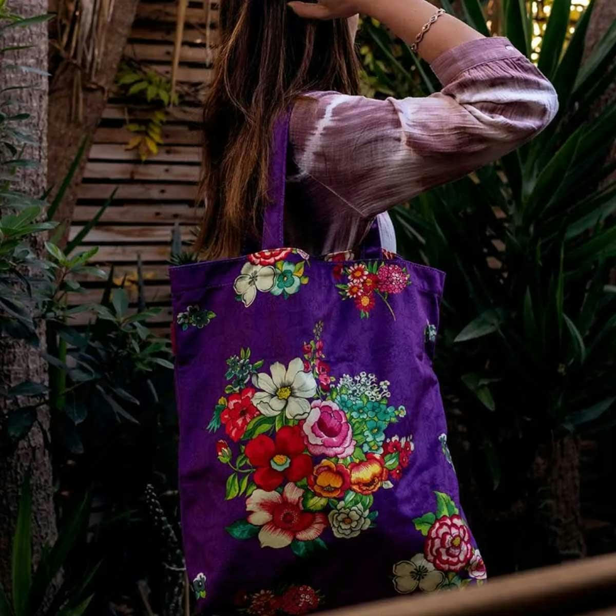 HANAMI - Tote bag en velours imprimé fleuri violet 45x40 cm