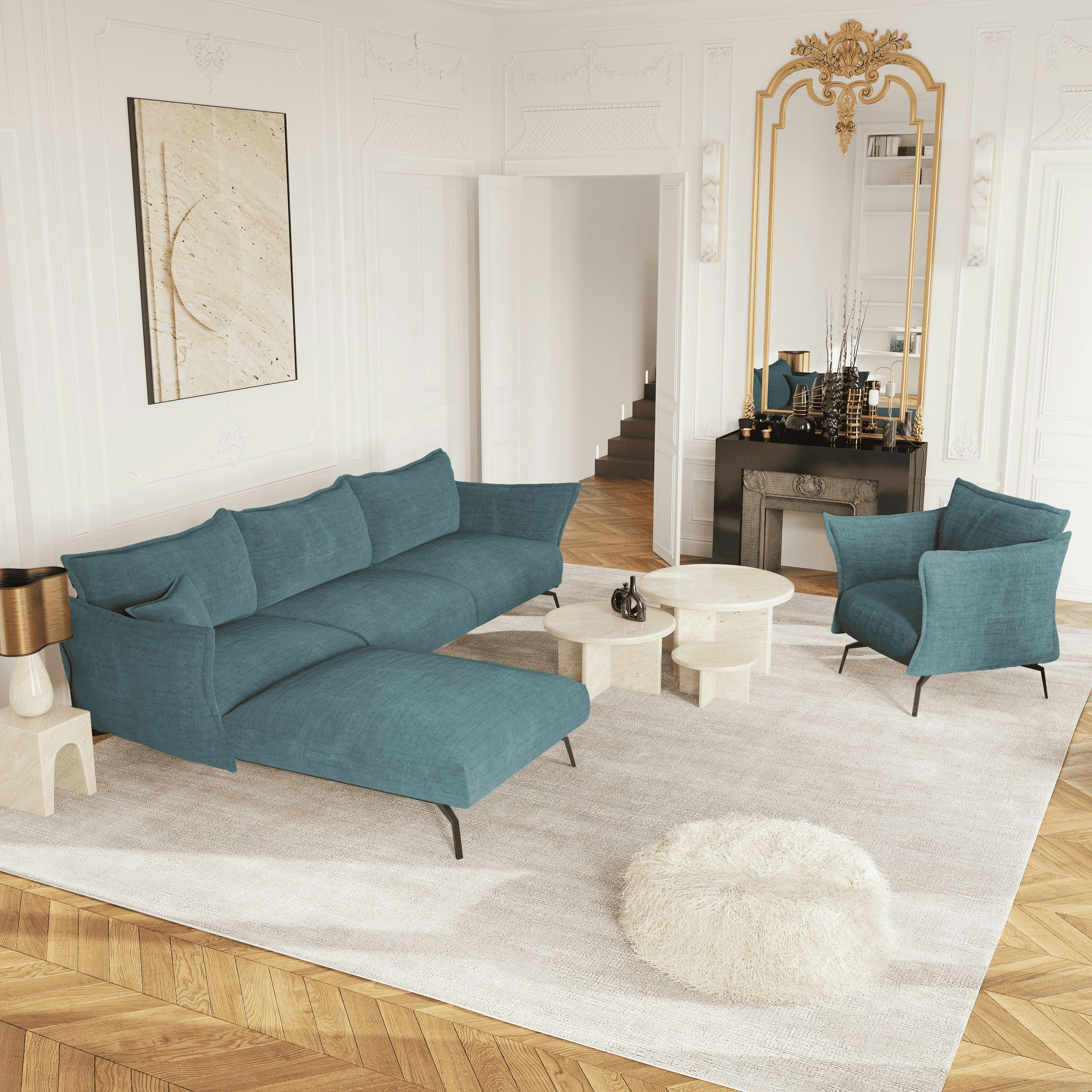 LENNY - Fauteuil velours texturé bleu océan