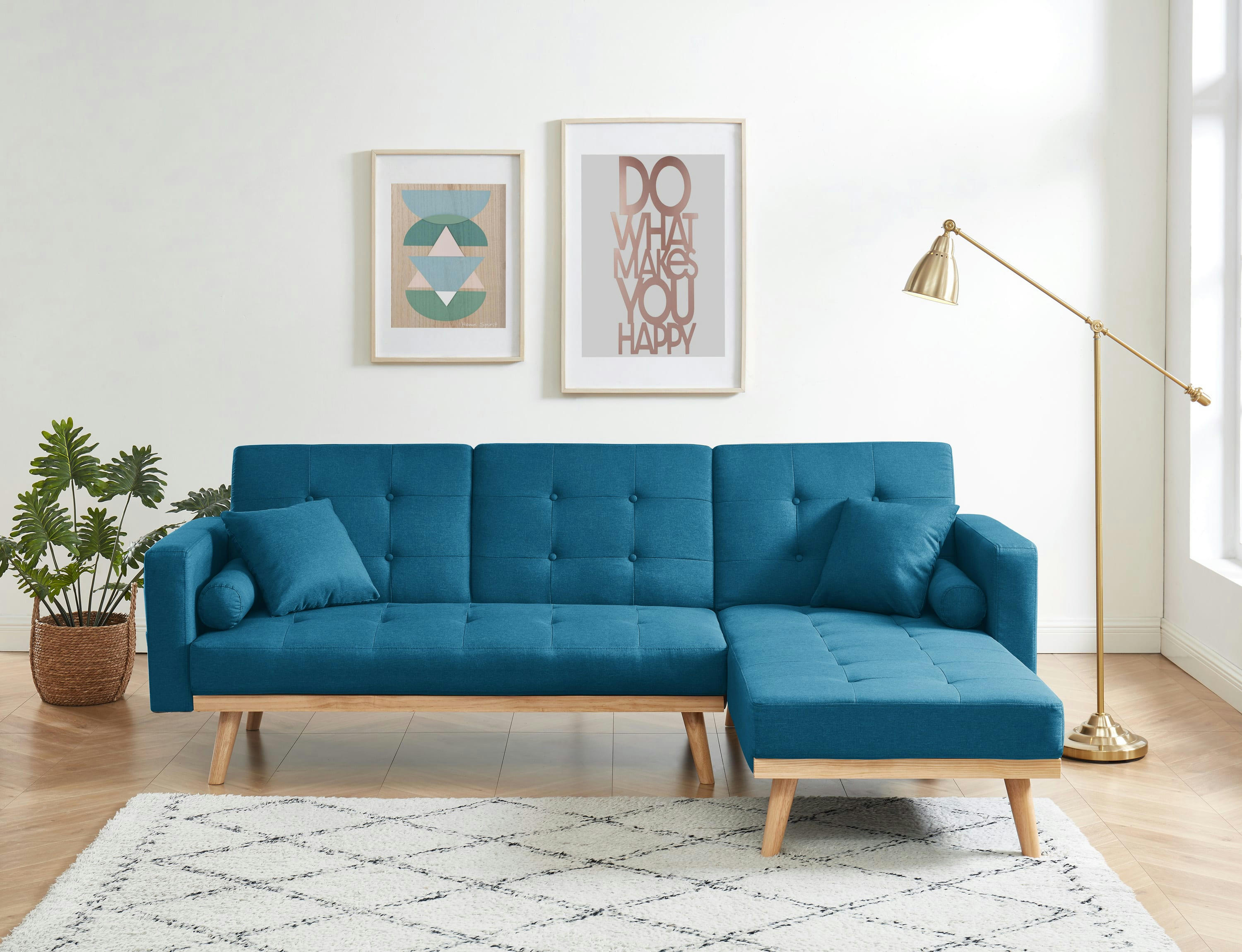 KELLY - Canapé d'angle convertible en tissu 4 places bleu